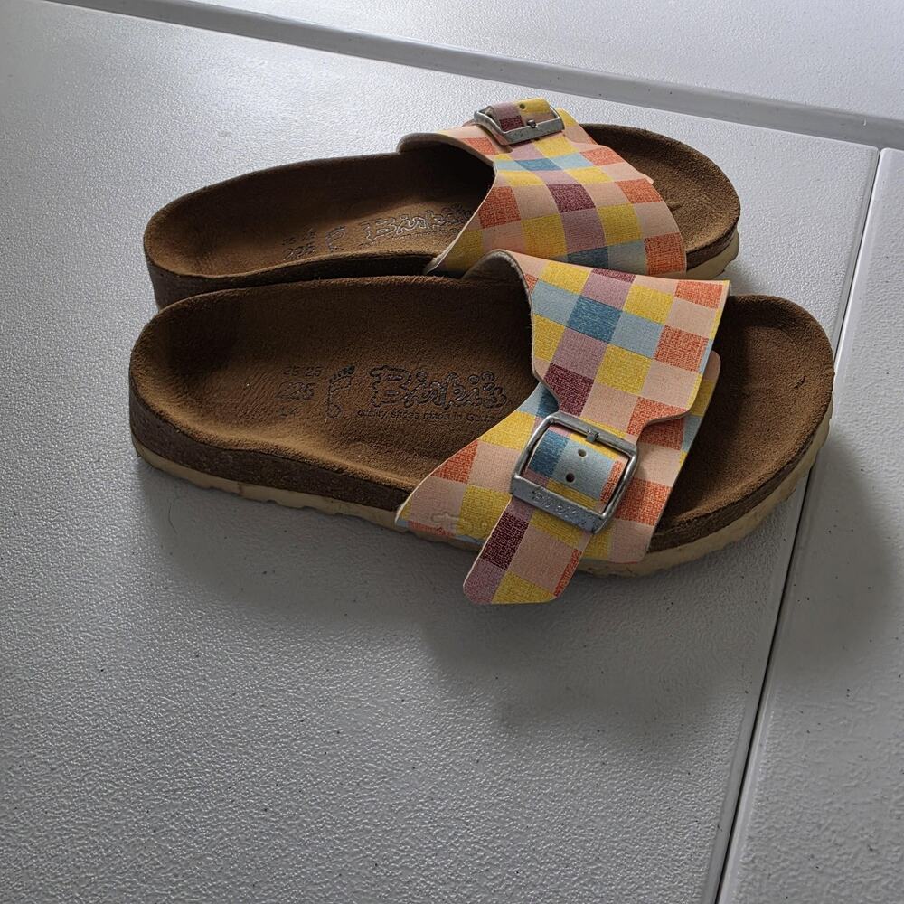 Birki's Sandals Womens Size 4.5 EU 35 Multicolor Check Slide Buckle Comfort